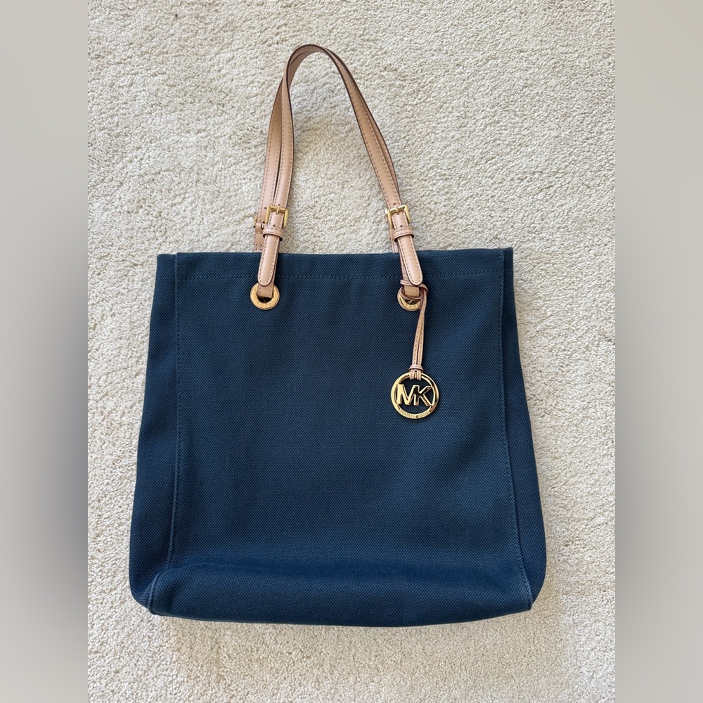 Michael Kors Navy Canvas Tote Bag Tan Leather Straps MK Charm | Vintage Y2K